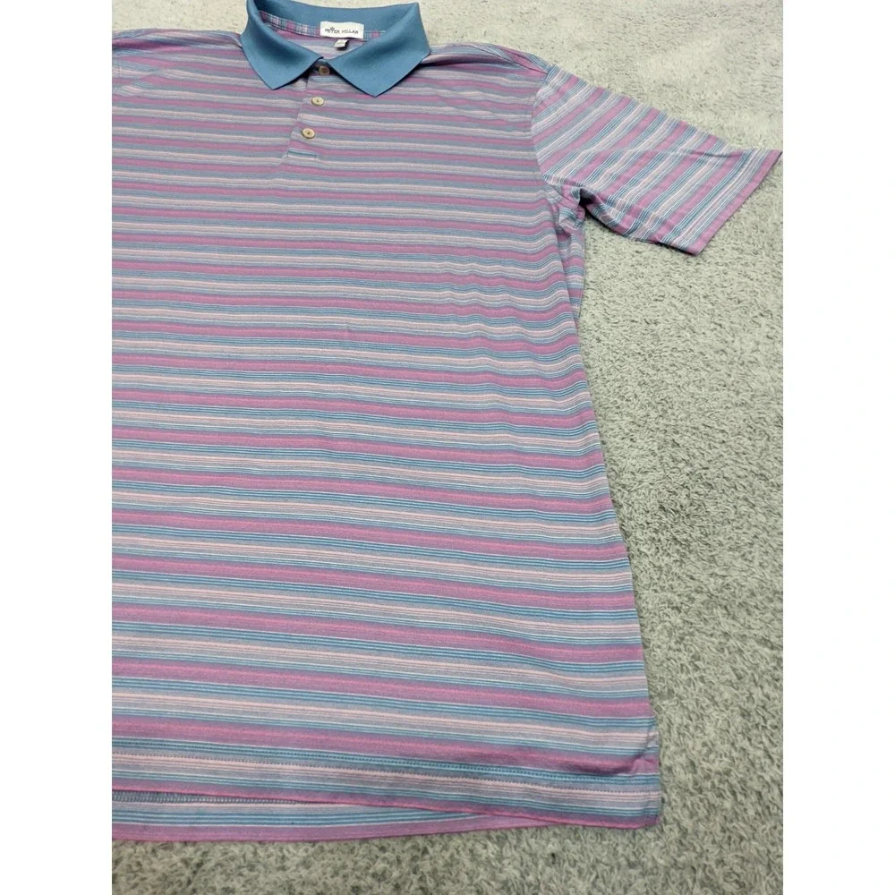 Peter Millar Performance Polo Golf Shirt Blue Pink Stripe Mens Large 100% Cotton